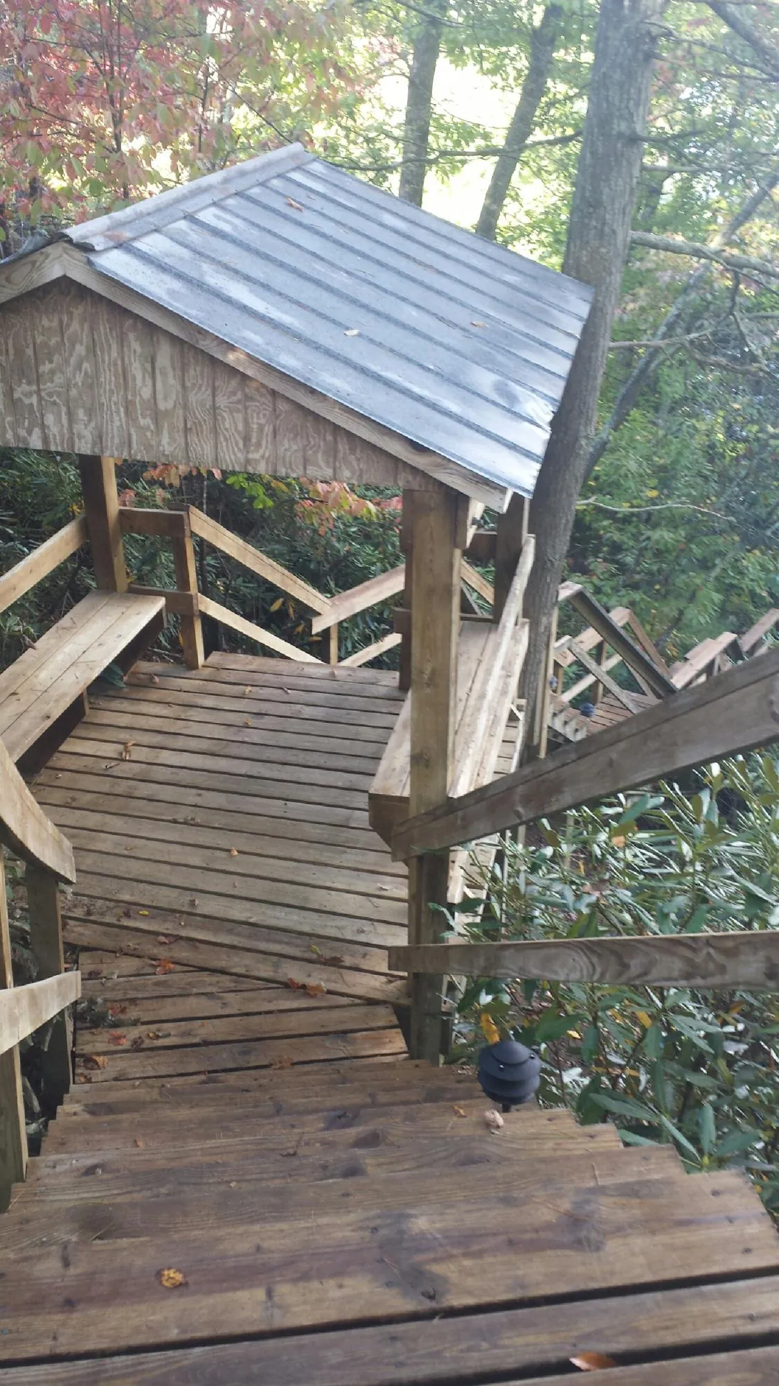 Metal roofed shelter over wooden steps on a wooded walkway — Skylight Repair & Installation work by our crew in Tetonia